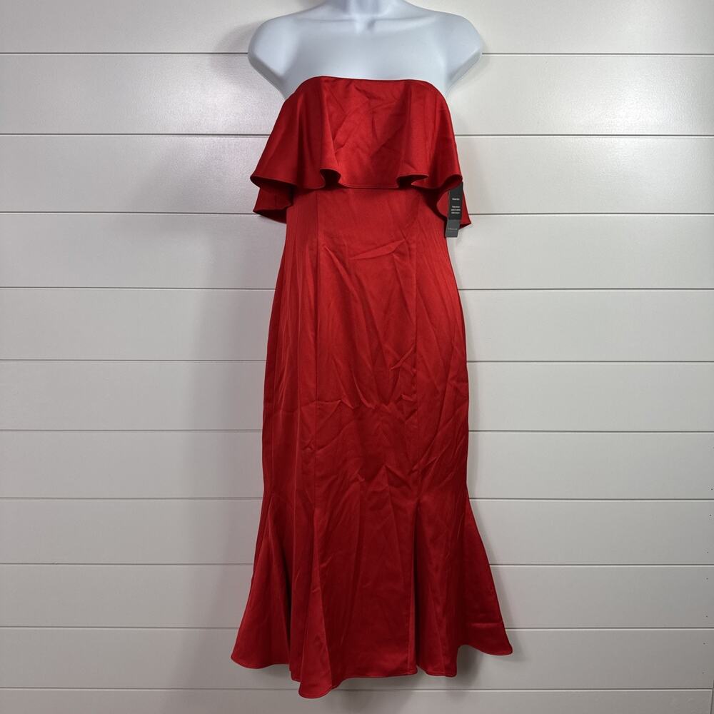 Liv Foster Crepe Back Satin Popover Dress Strapless Midi Flame Red sz 4